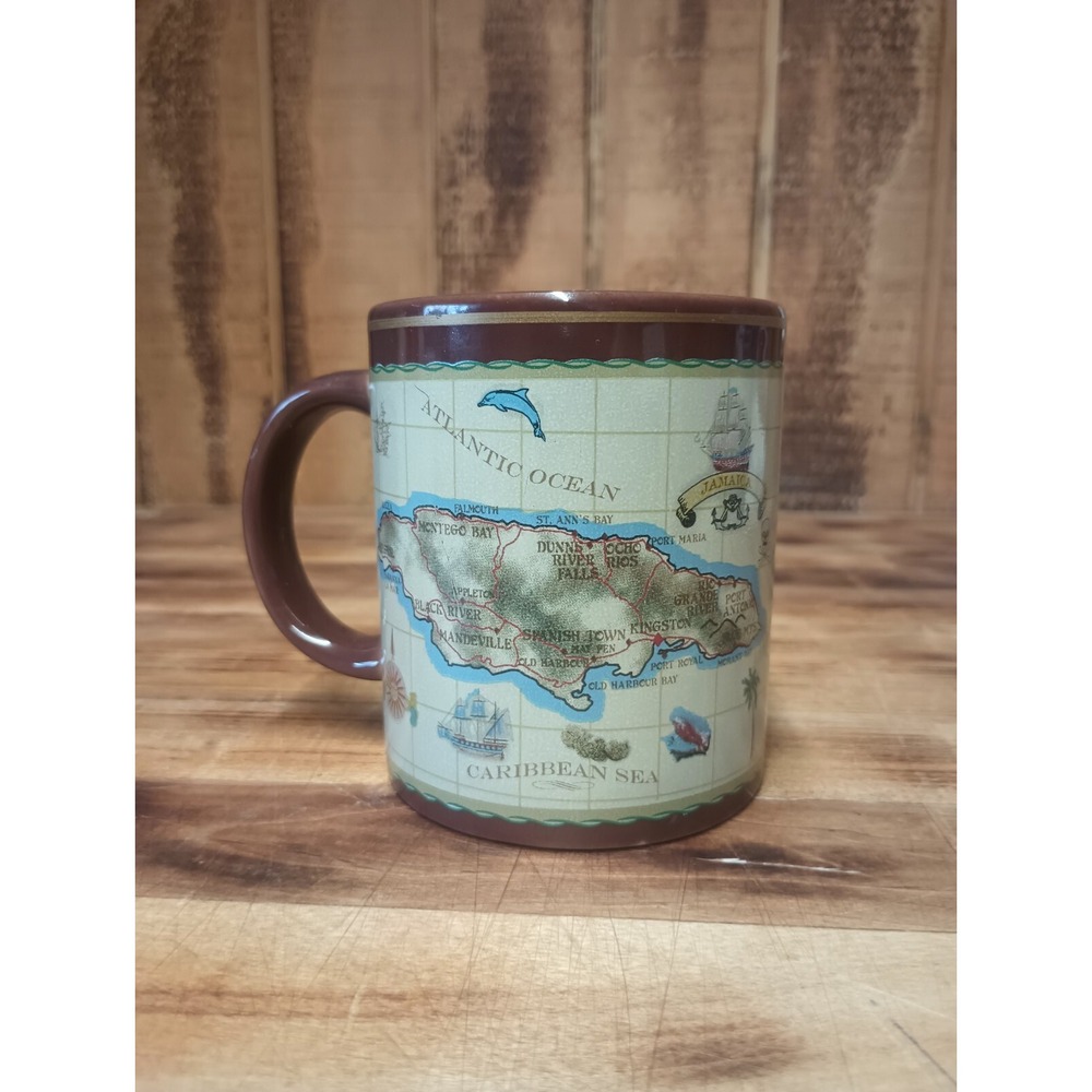 JAMAICA‎ Map Coffee Mug Tea Cup 10oz. Souvenir Brown Ceramic Island Dolphin - Picture 4 of 9